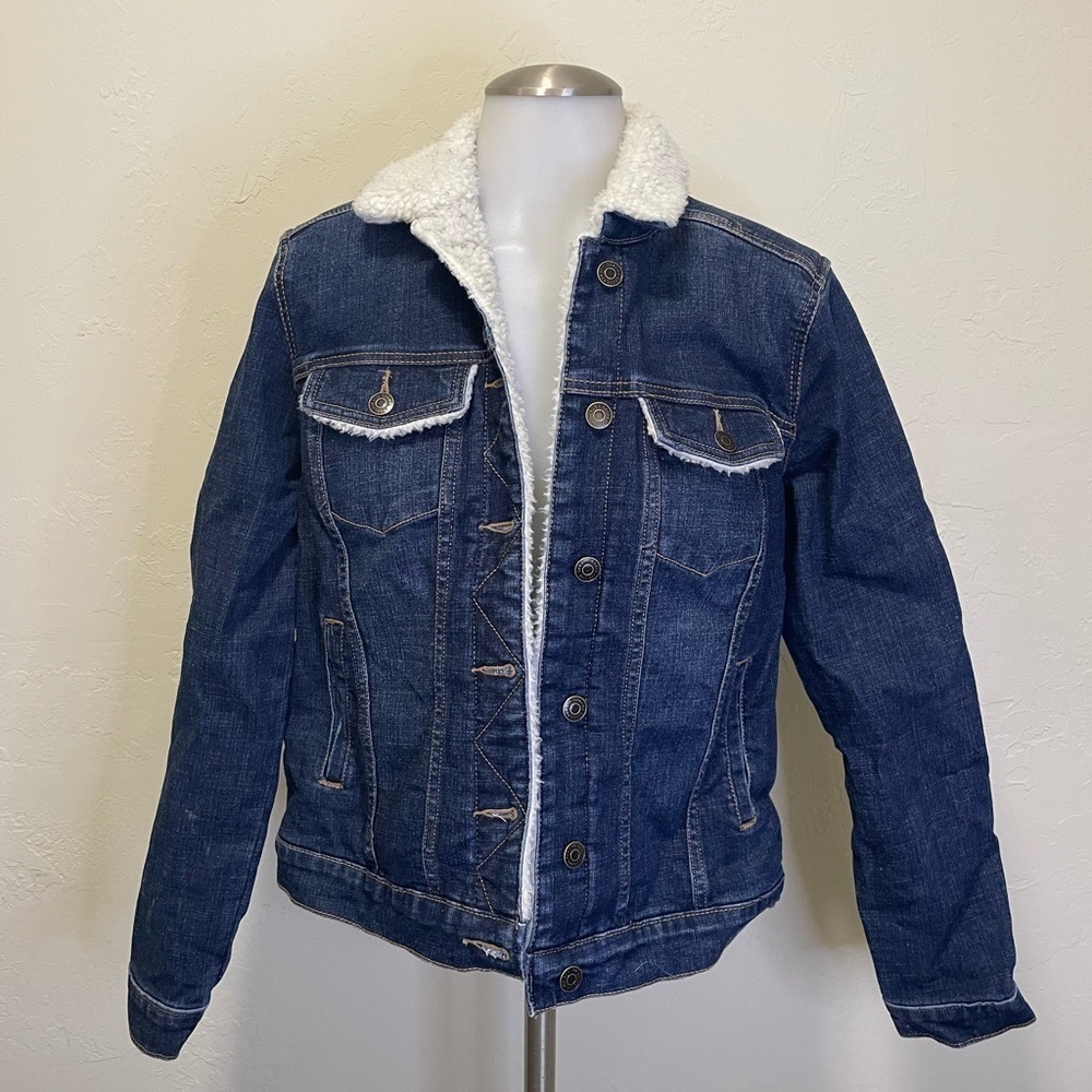 Sonoma Jean Jacket blue denim Sherpa fleece lining snap front size S